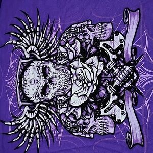 ROYAL PURPLE BLACK VELVET GRAPHIC WINGED SKULL ROSE CREW-NECK TEE-SHIRT